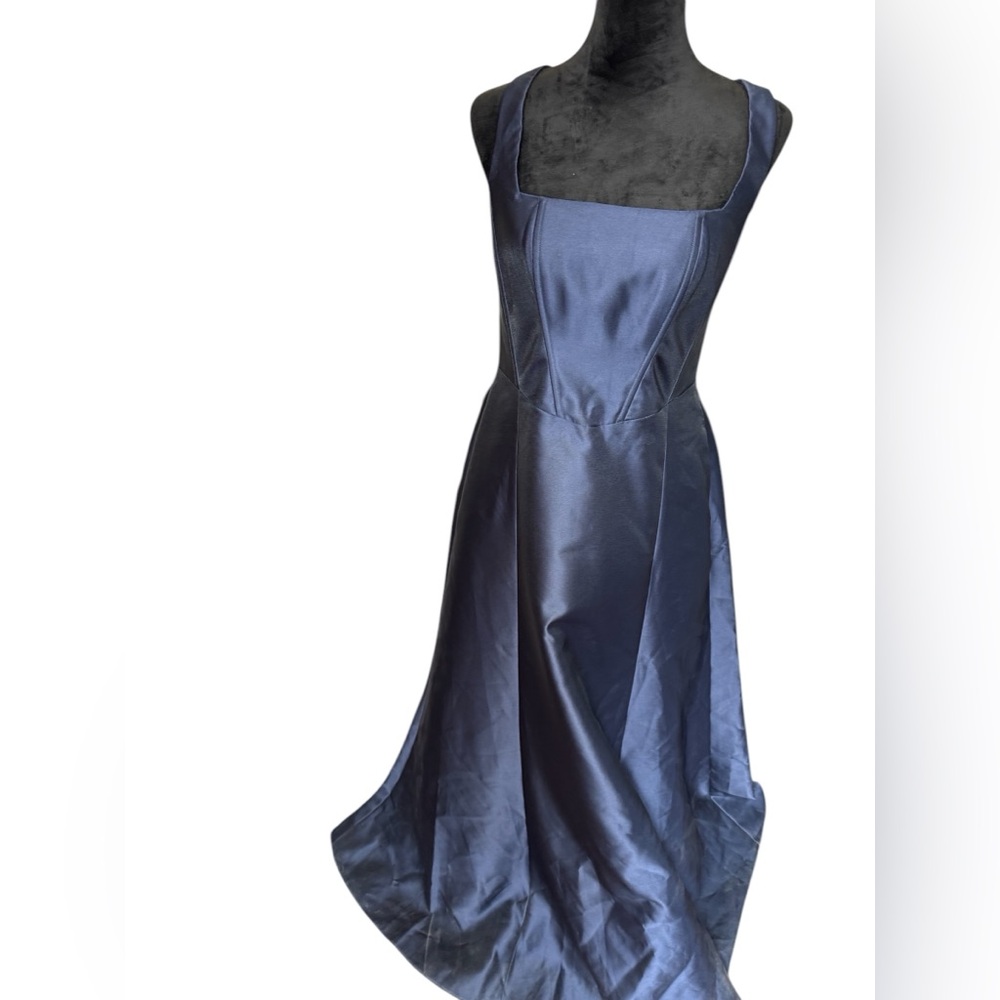 Alfred Sung Square Neck Satin A-Line Gown Midnight Blue SZ 10
